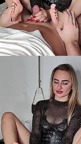 Foot Job, Blow Job and Cum on Bare Feet