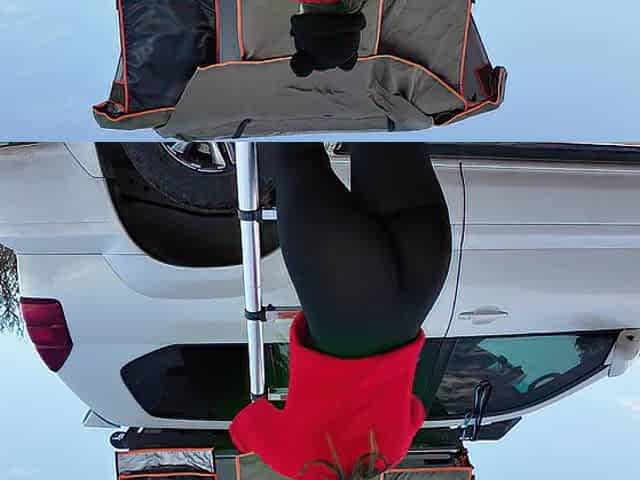 Mountain hotty shows off rooftop tent set up and light up anal intercourse
