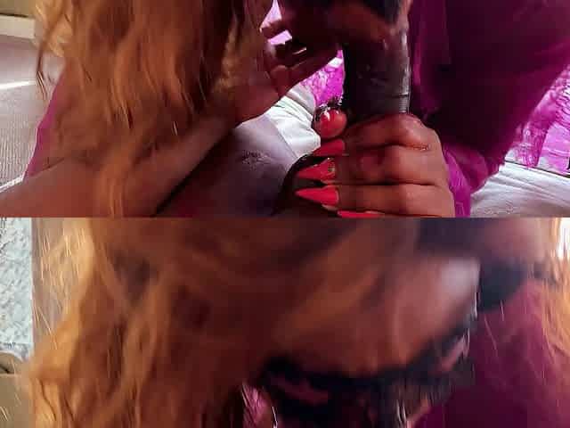 Ashanty ROSE, a gorgeous Ebony woman with a consummate butt, giving a oral-job to a large Ebony dong