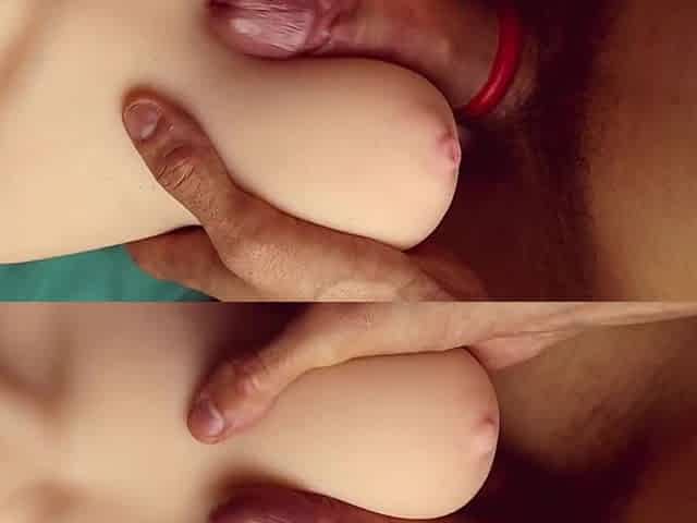 Large jock slips between firm boobs