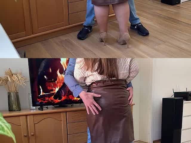 My excited stepmother's taut leather petticoat and hose