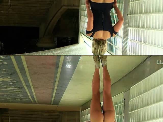 Extra hot amateur blonde in a sexy black dress teases in public