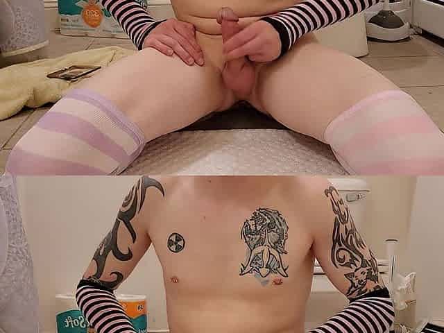 Femboy plays with toys.