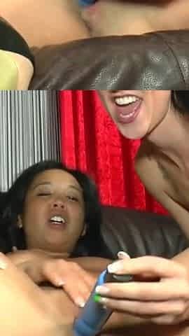 Blonde, asian lesbian threesome party