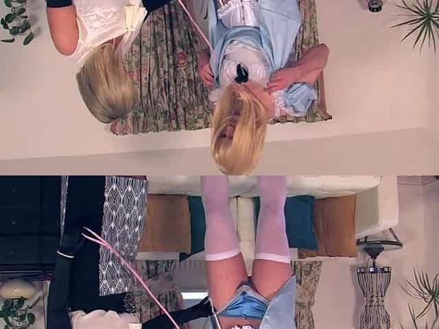 Mature blonde spanks young blondes ass