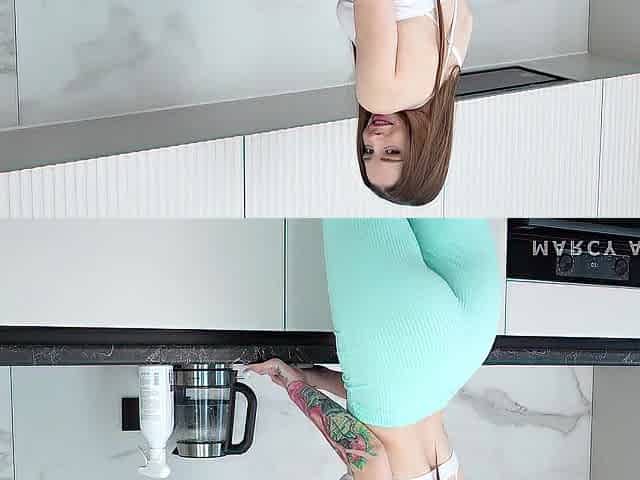 Ejaculation on a gal's face during the time that cleaning in the kitchen