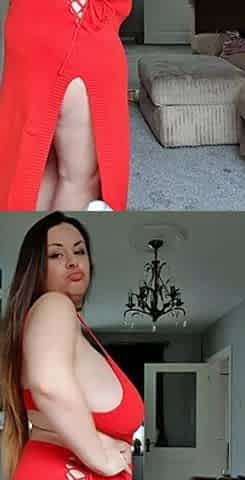 Busty curly brunette with big boobs fucks on couch