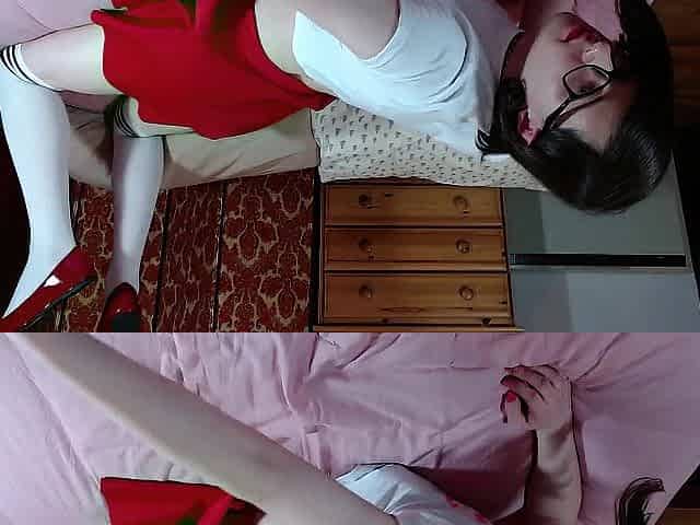 Sissy in red spitroasts herself with 2 large dildos, reaches climax, and eats her own cum [PREVIEW]