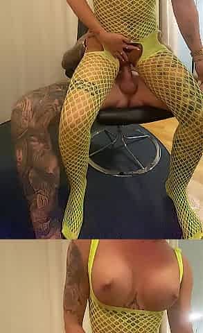 Petit chick in yellow Fishnet rides wang