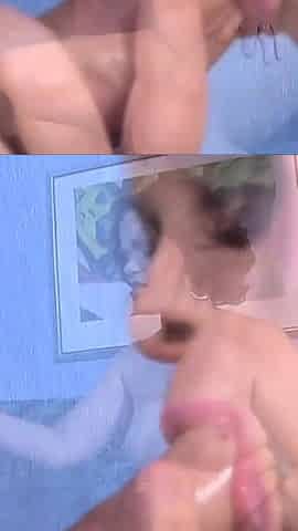 Curly chick sucks huge cock, fucks and does cum in mouth