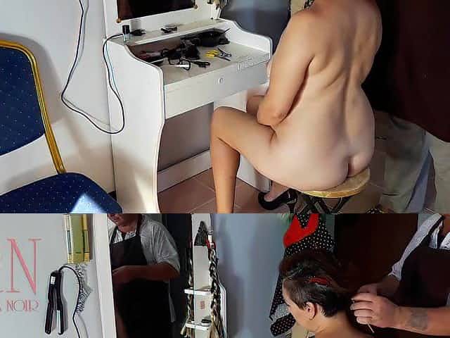 Camera in in nature's garb barbershop. Hairdresser makes disrobe lady ho cut her hair. Barber, nudism. WEBCAM 1