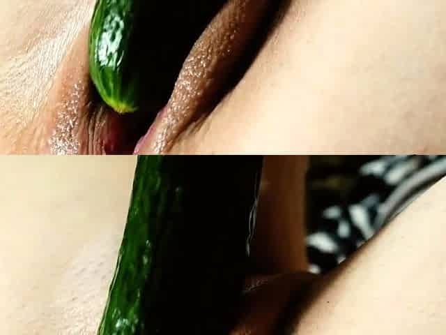 Asian Solo Female Plays with Cucumber on Webcam