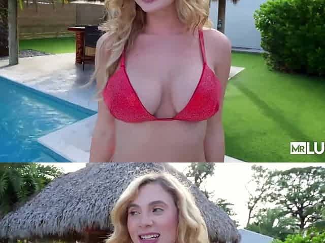Blonde and busty gets fucked by the pool and continues in bedroom later POV
