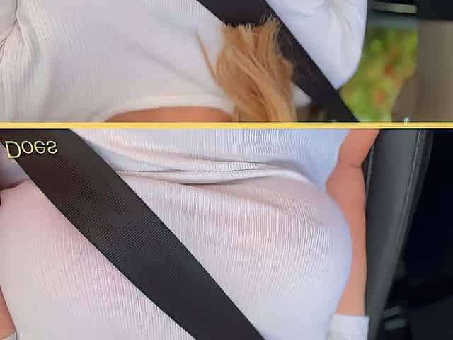 Wifey with ideal braless breasts flashing in the car