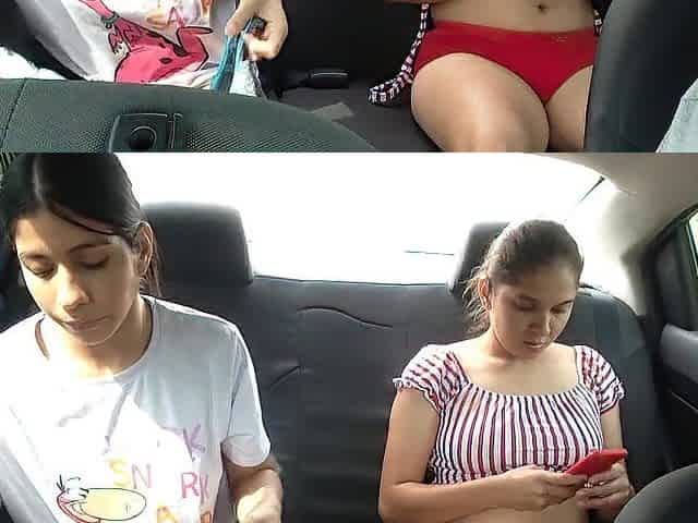 lesbian babes touch and film every other during the time that they drive to their university