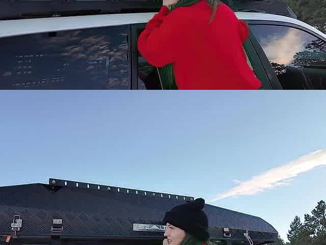 Mountain beauty shows off rooftop tent set up and light up anal-plug