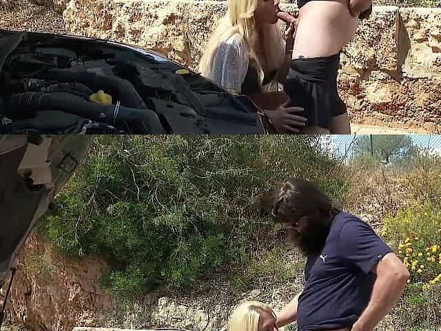 Beautiful and hawt blond does oral-job and rides on giant wang outdoor