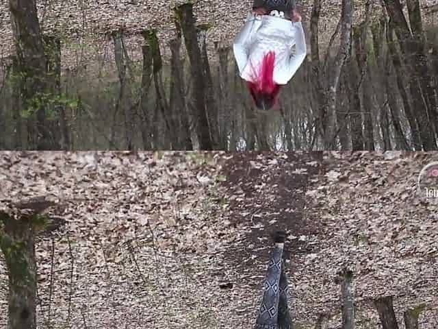 Fast blowjob and footjob in the spring forest with pinkhair girl