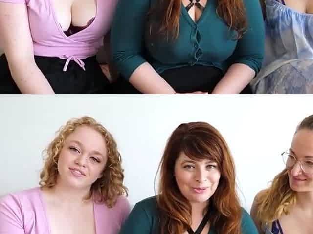 Two curvy girls share a toy in this three way collage