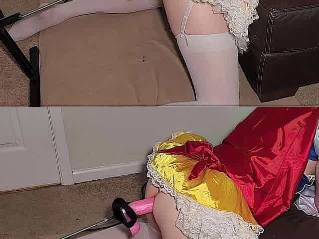 Sissy femboy in Snow White dress squirts from anal with massive toy