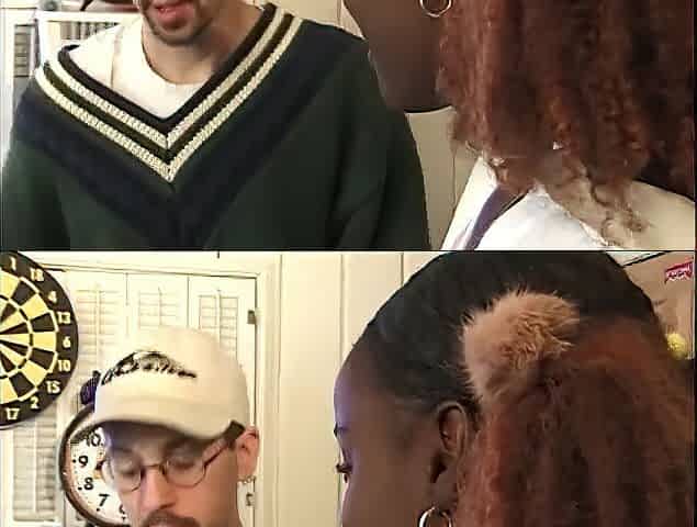 Chocolate sweetheart gets hardcore threesome with 2 white schlongs