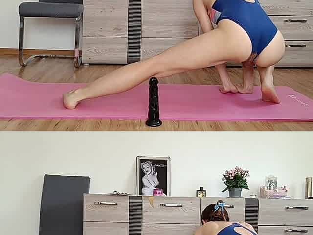 The Athlete Spread Her Legs and Sat on a Black Dildo During Home Yoga