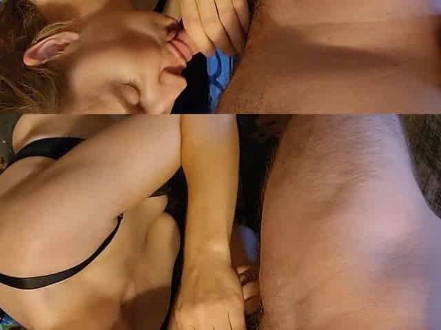 Cum drips from my mouth after I edge him and lick him