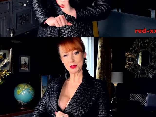 Red is feeling sexually excited in her luscious ebony leather