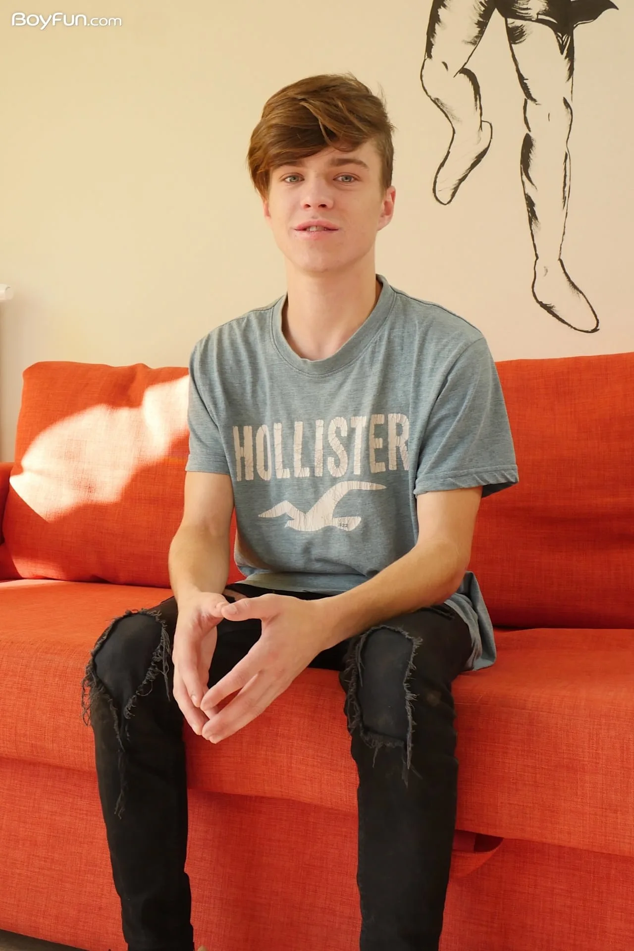 Gorgeous gay brunette Jean Gilliam strips and shows his hard boner on the sofa — Highlights