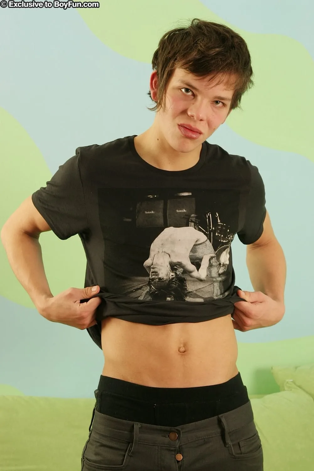 A Closer Look at Gay brunette with sexy lips Vincent undressing and touching his huge dick