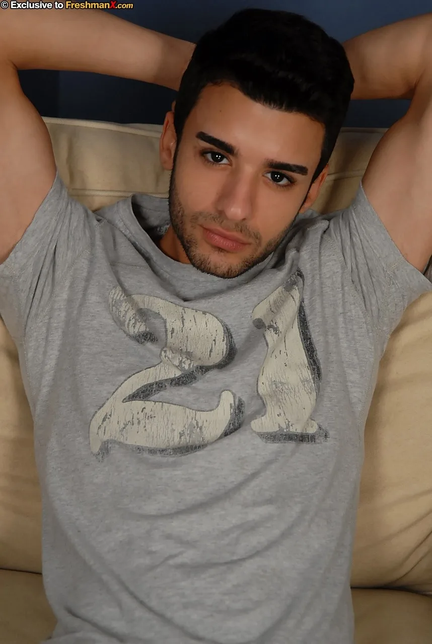 Dark-haired gay hottie Derek James unveils his six pack & strokes his big dick — Highlights