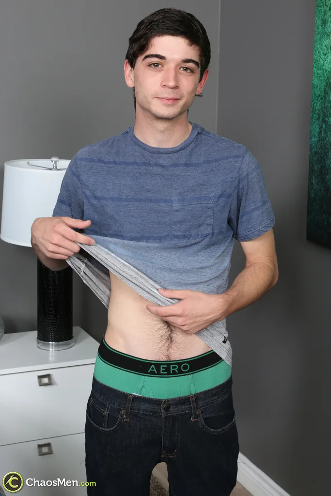Featured: Sweet gay brunette Nelson loses his clothes and flaunts his long hard dick